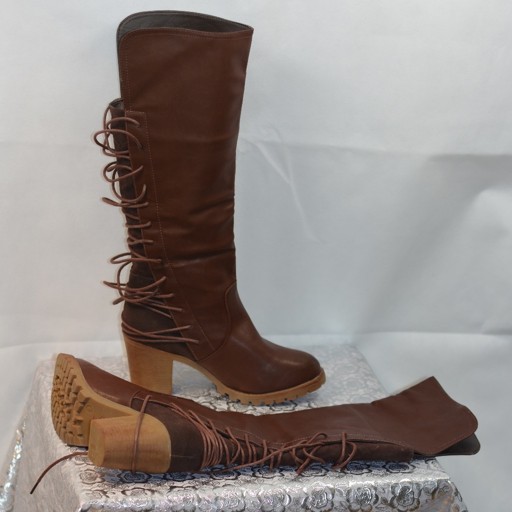 Brown Tall Boots Lace Back SZ 9 Bucco NWOT
